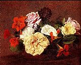 Henri Fantin-latour Canvas Paintings - Bouquet Of Roses And Nasturtiums